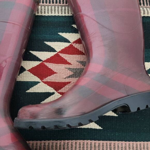 Burberry Burgundy Red Check Rubber Rain Boots Sz 37 US 7 Knee High Designer - Picture 5 of 6
